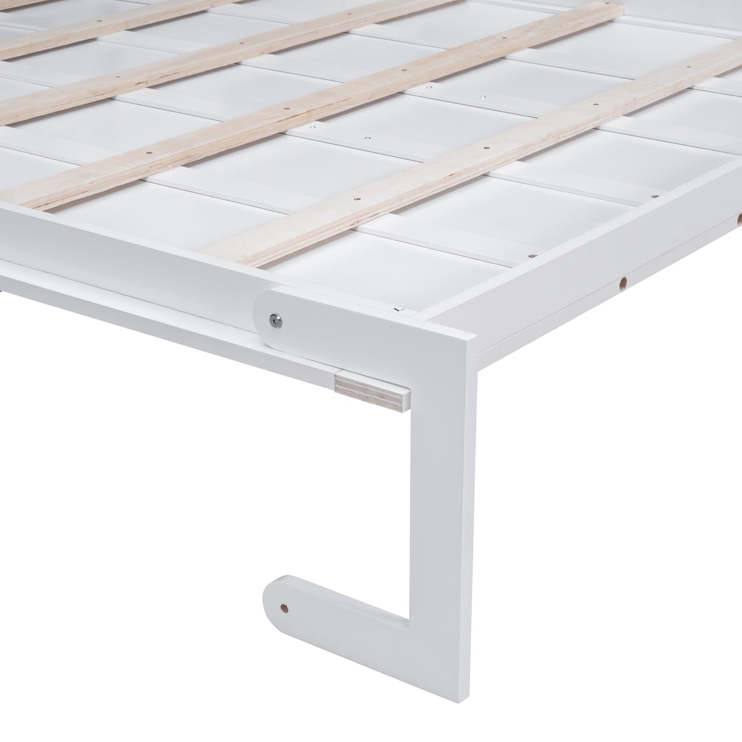 White wooden bed frame with slatted base detail