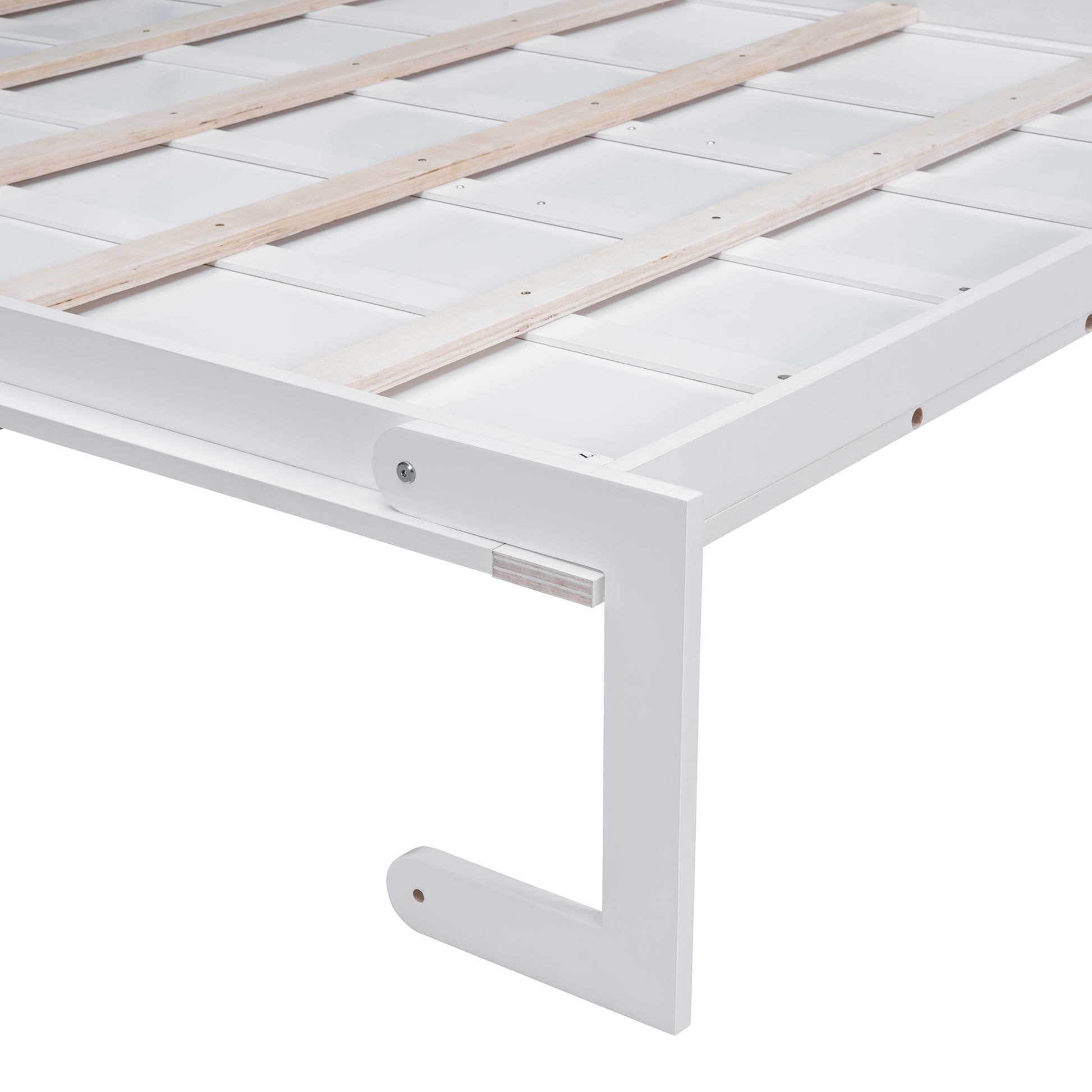 White wooden bed frame with slatted base detail