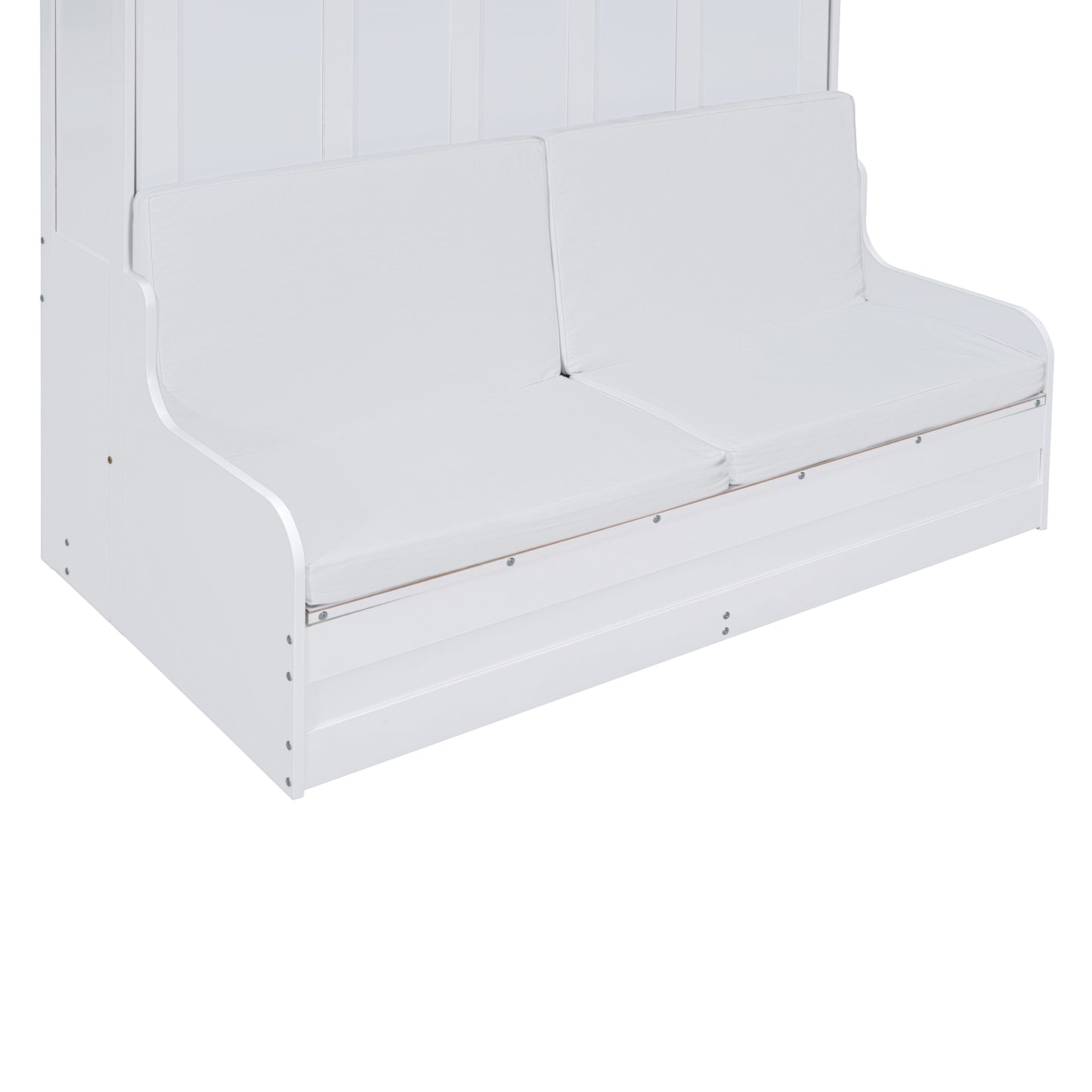 White wooden daybed with grey linen mattress