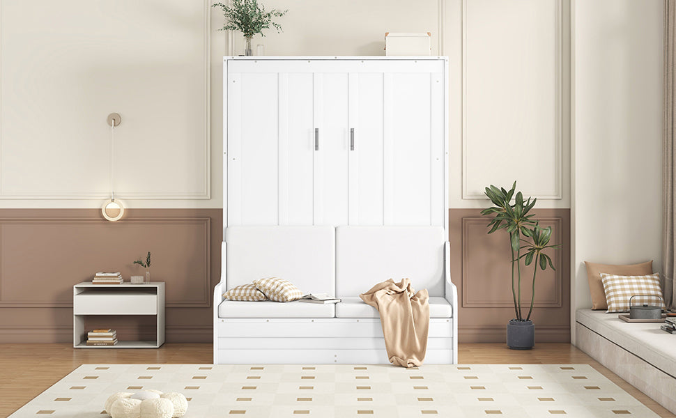 White modern murphy bed sofa with comfortable cushions and a thrown blanket