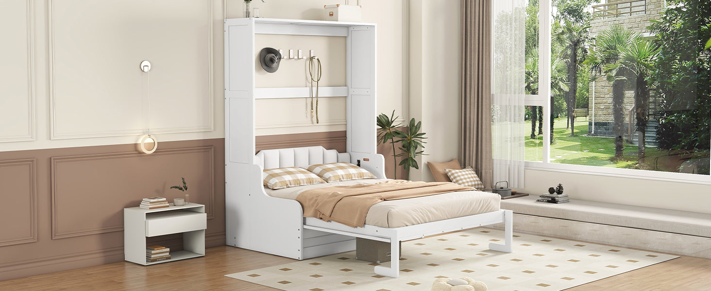 White murphy bed with attached storage and integrated nightstand