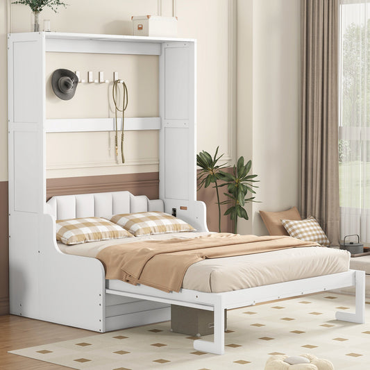 White murphy bed with builtin shelving and hooks