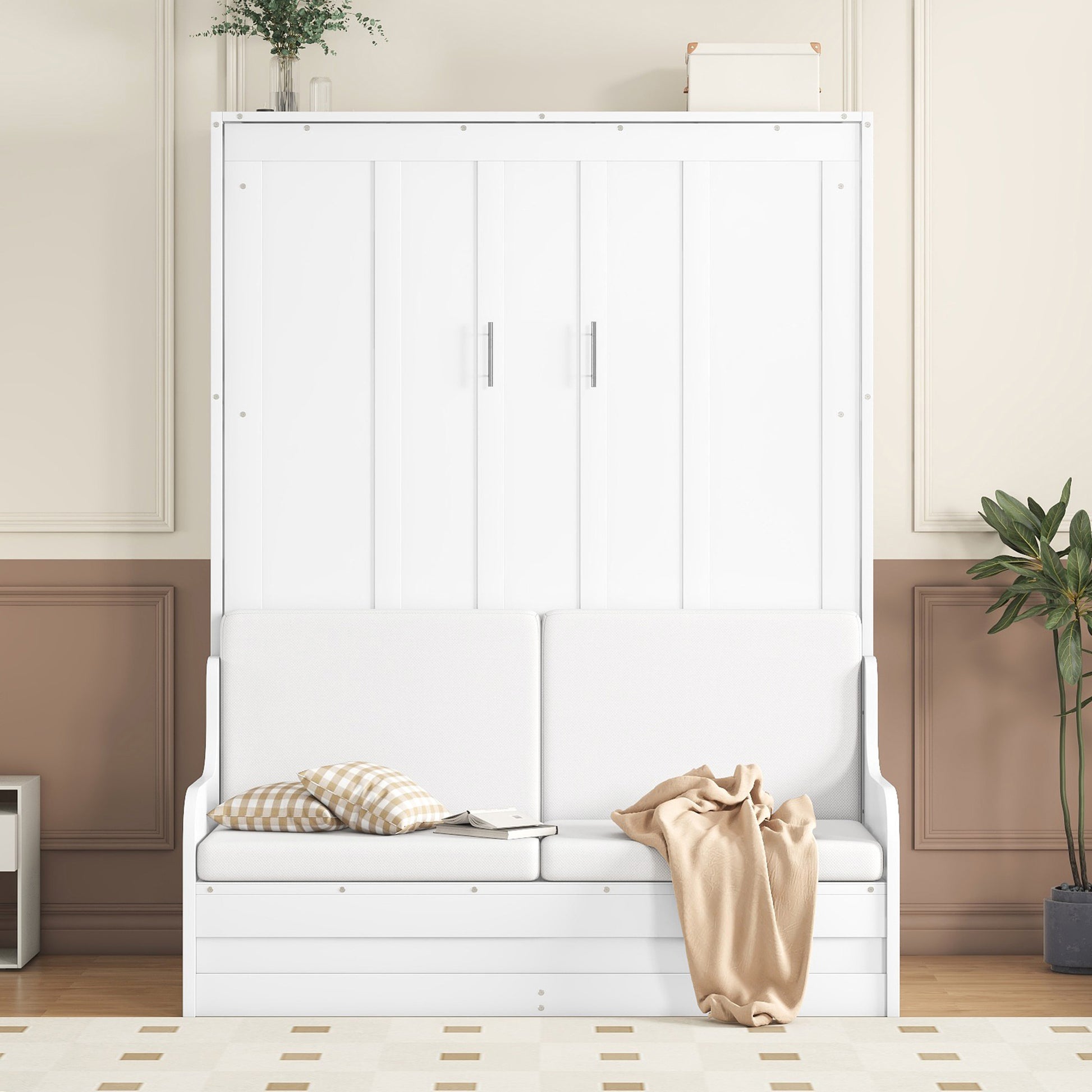 White modern Murphy bed with sofa and throw blanket