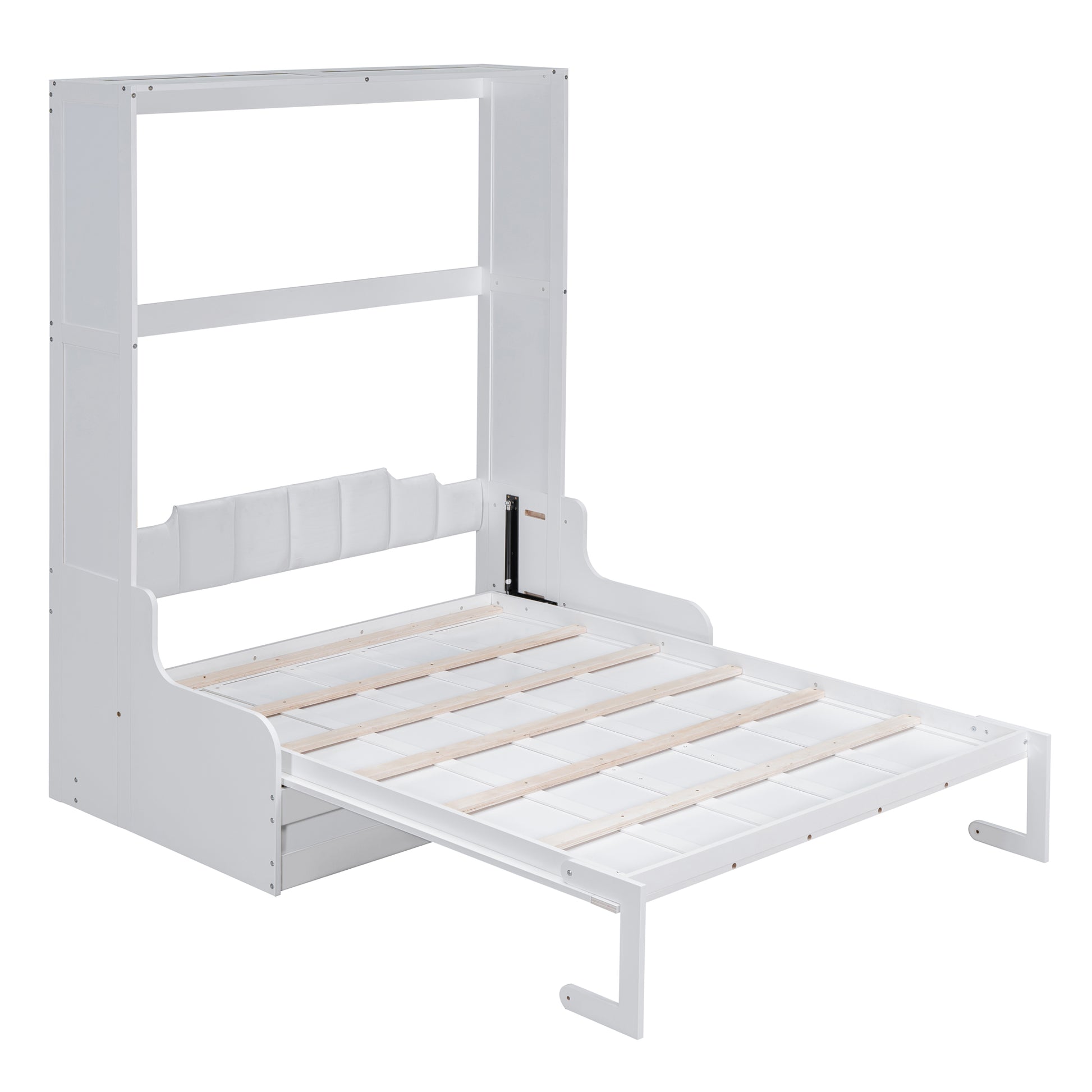 White wooden Murphy bed frame with upholstered headboard detail