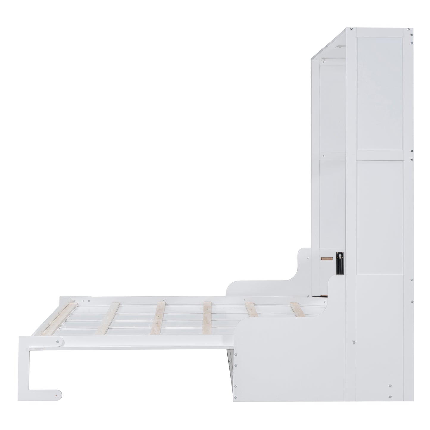 White wooden murphy bed frame with extended mattress support