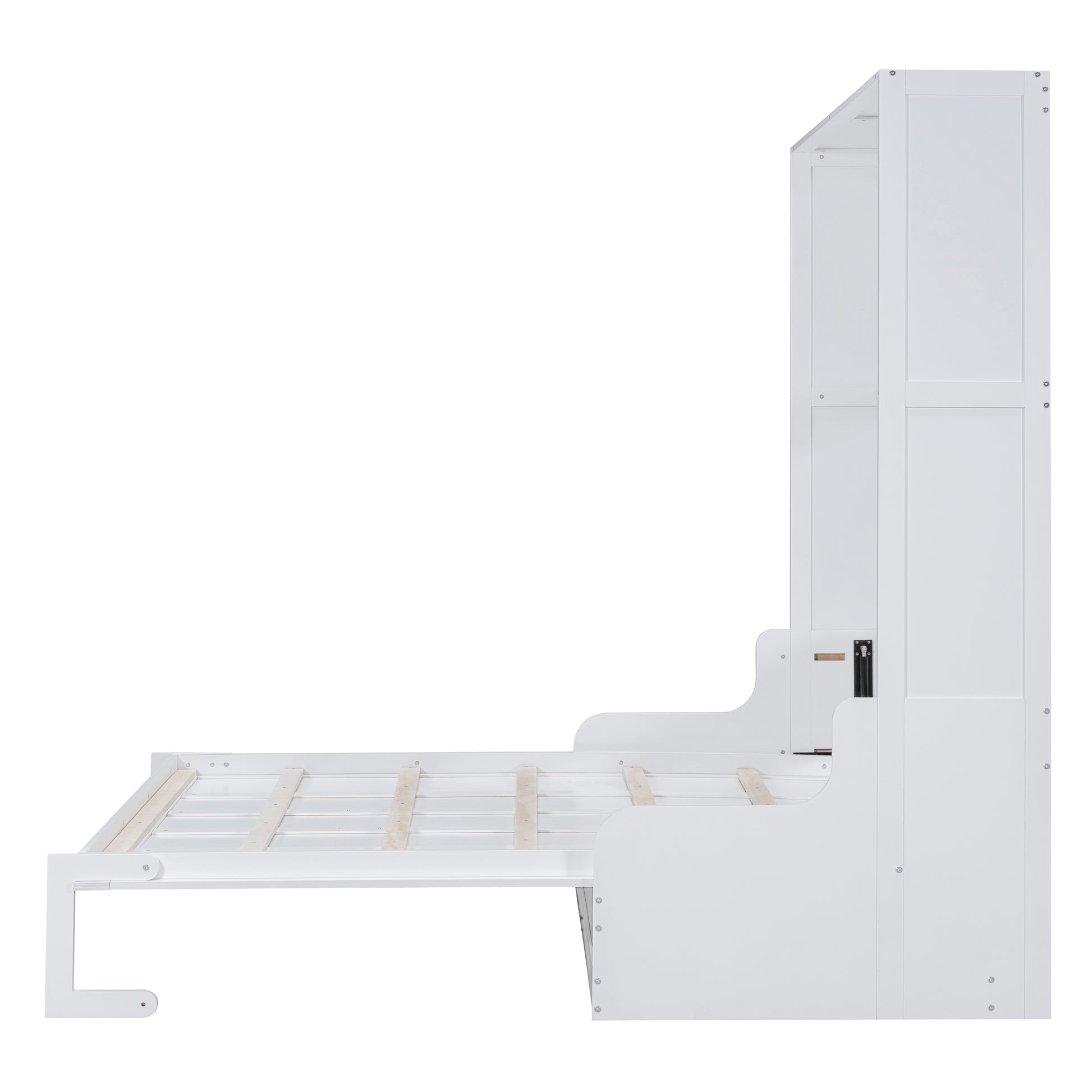 White wooden murphy bed frame with extended mattress support
