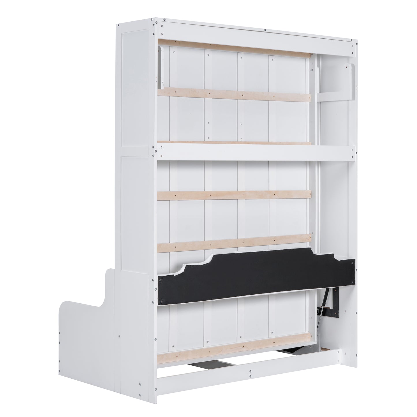 White wooden toddler bed frame showing support slats and headboard attachment