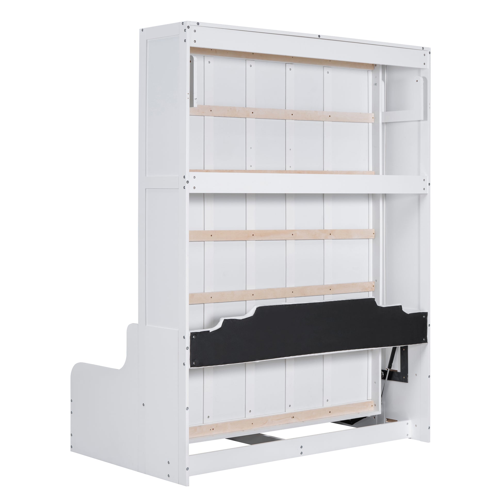 White wooden toddler bed frame showing support slats and headboard attachment