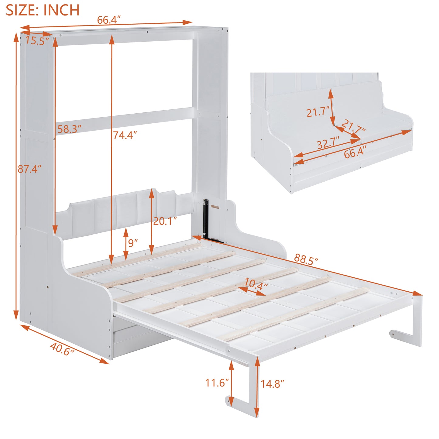 White Murphy bed frame with dimensions