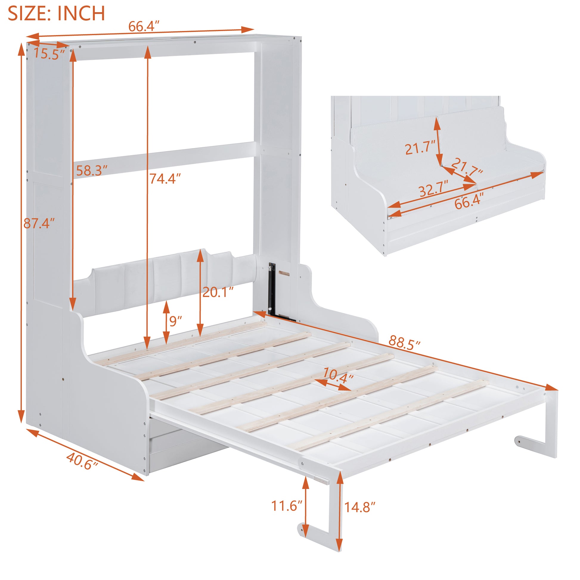 White Murphy bed frame with dimensions