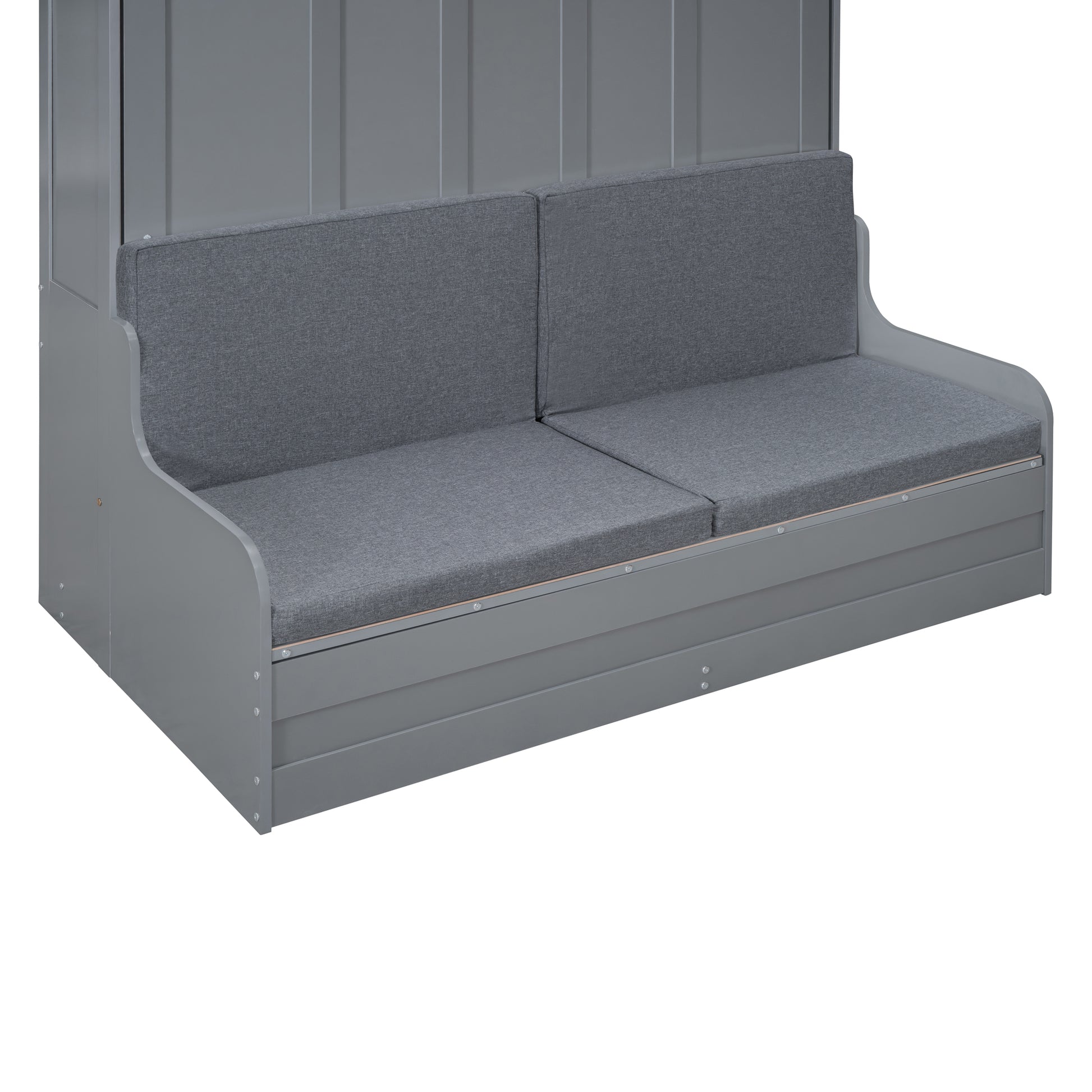 Grey wooden dining bench with upholstered grey seat cushions