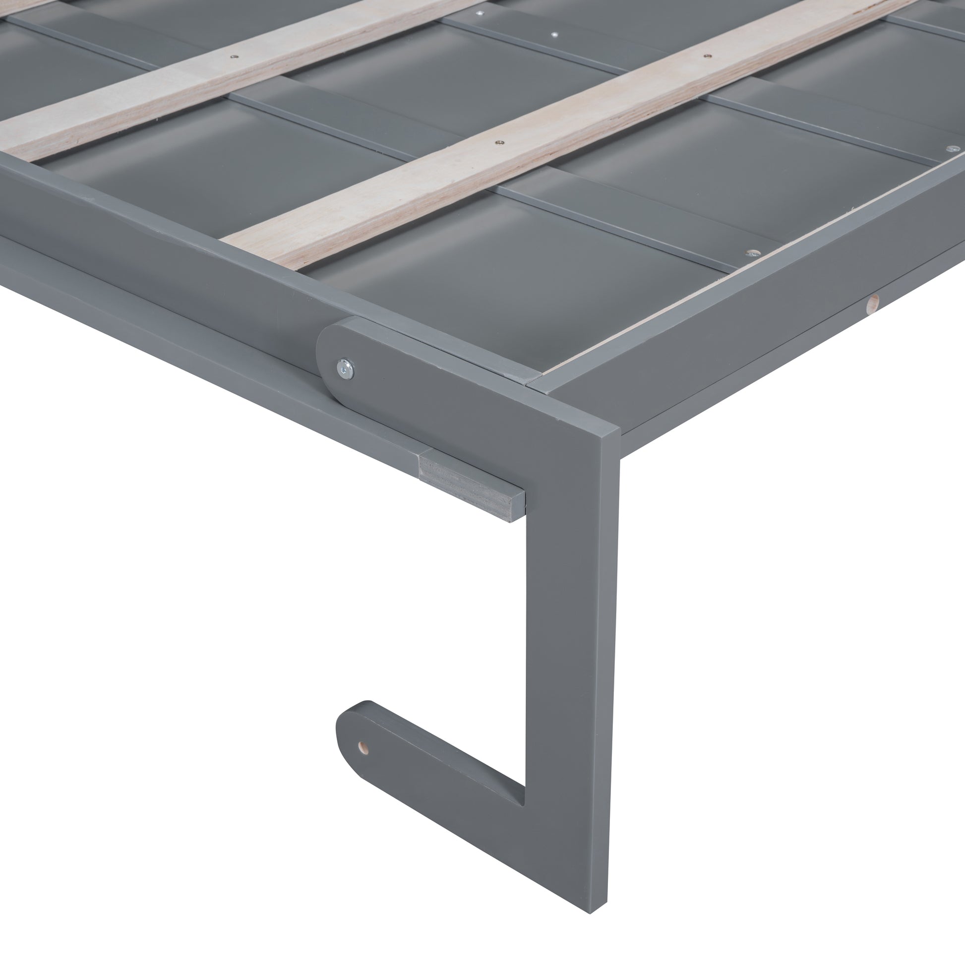 Gray wooden bed frame with slatted support