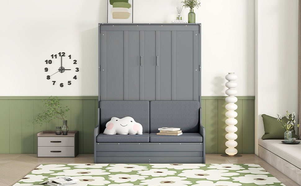 Closed gray wall bed with sofa