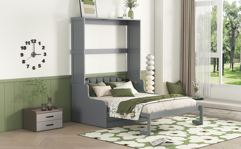 Grey Murphy bed with a comfortable mattress and decorative pillows perfect for small spaces
