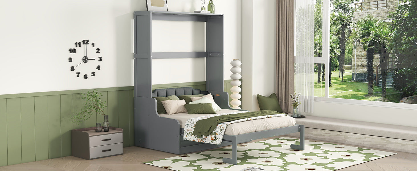 Gray murphy bed with a pullout design for spacesaving in a modern bedroom