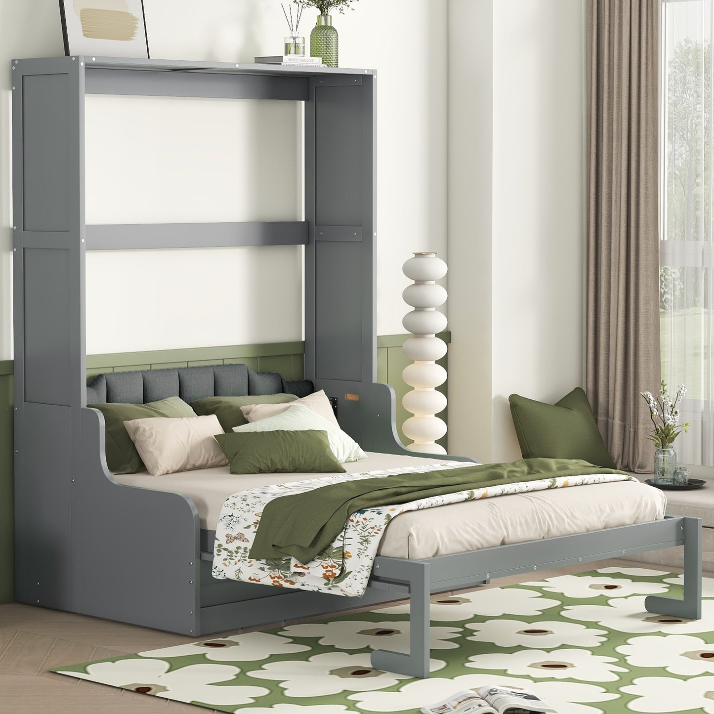 Grey murphy bed with plush green and cream bedding and decorative pillows