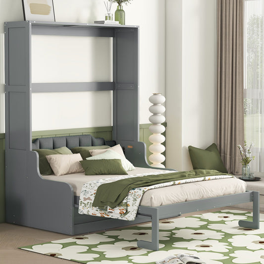 Grey murphy bed with plush green and cream bedding and decorative pillows