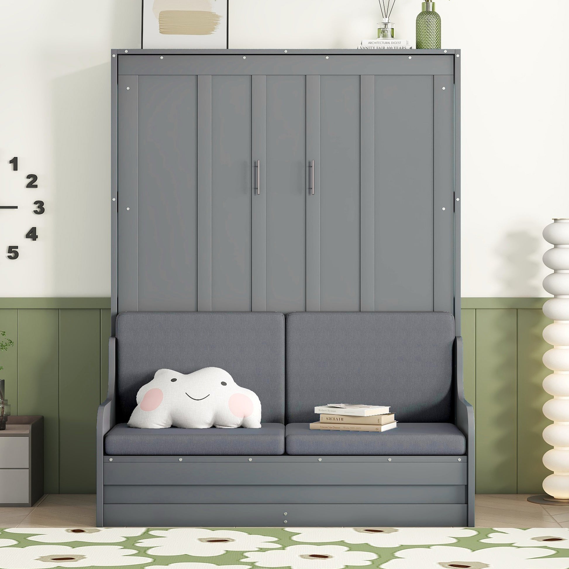Gray murphy bed with integrated sofa and cloud pillow