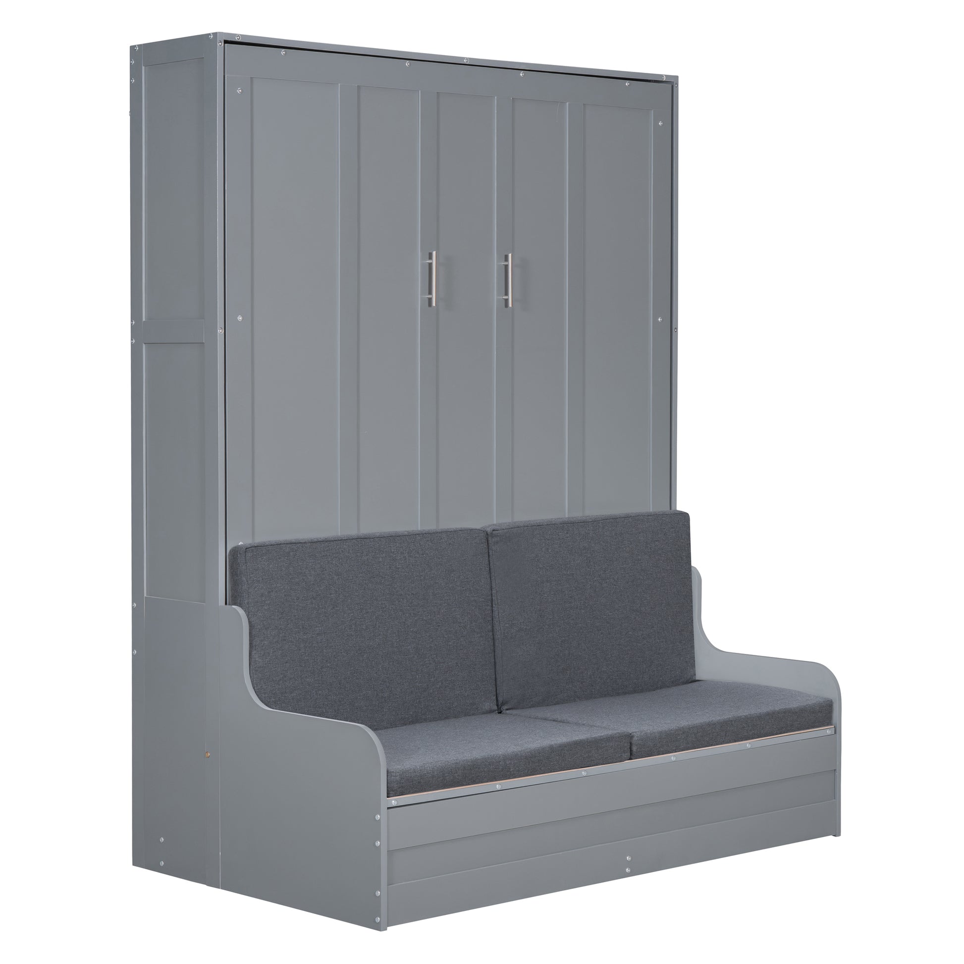 Gray murphy bed with integrated dualseat sofa compact spacesaving furniture