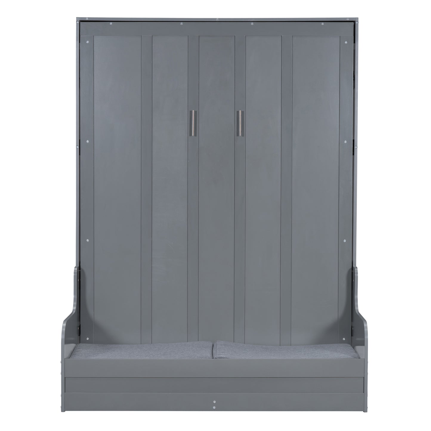 Gray murphy bed with two silver handles and a hidden bench