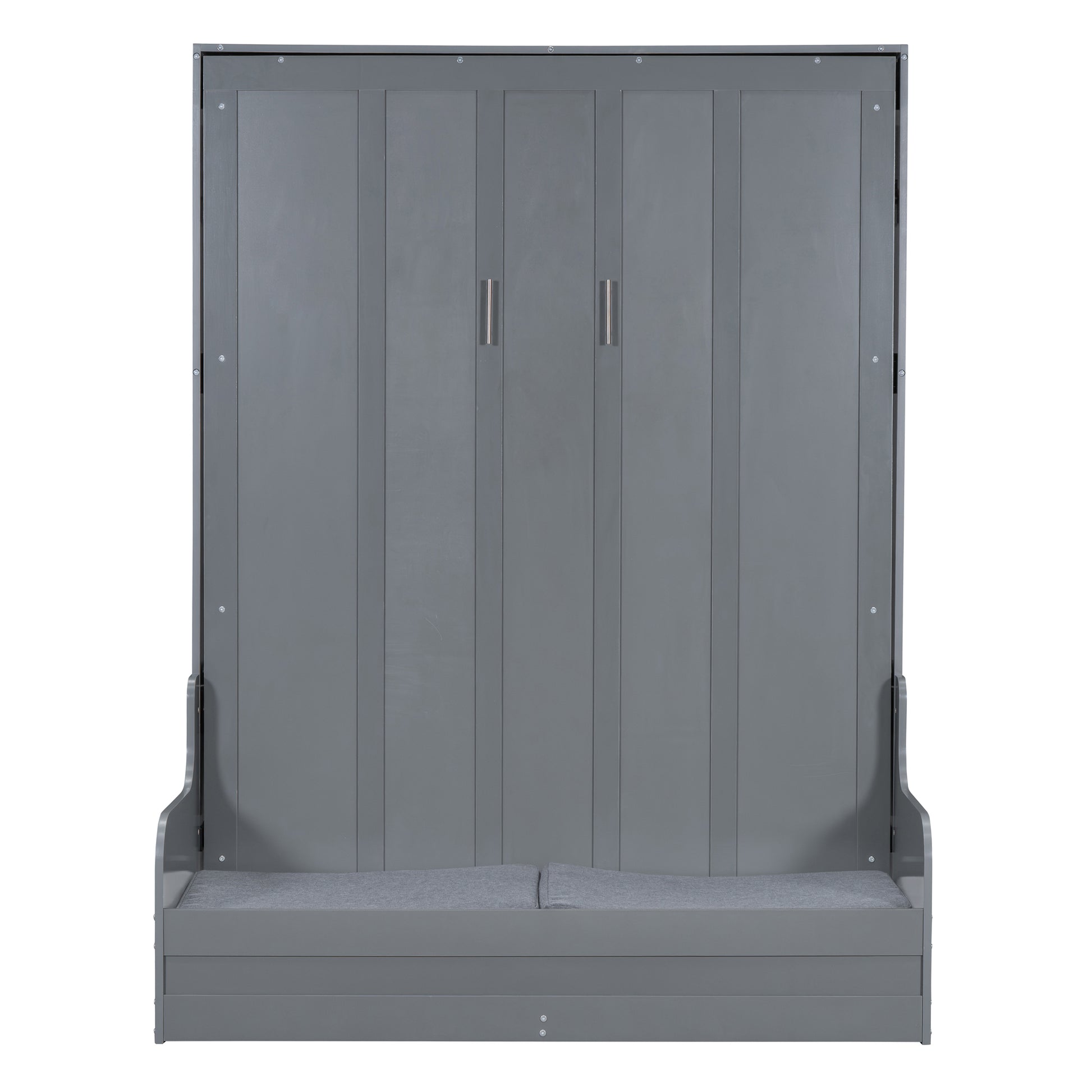 Gray murphy bed with two silver handles and a hidden bench