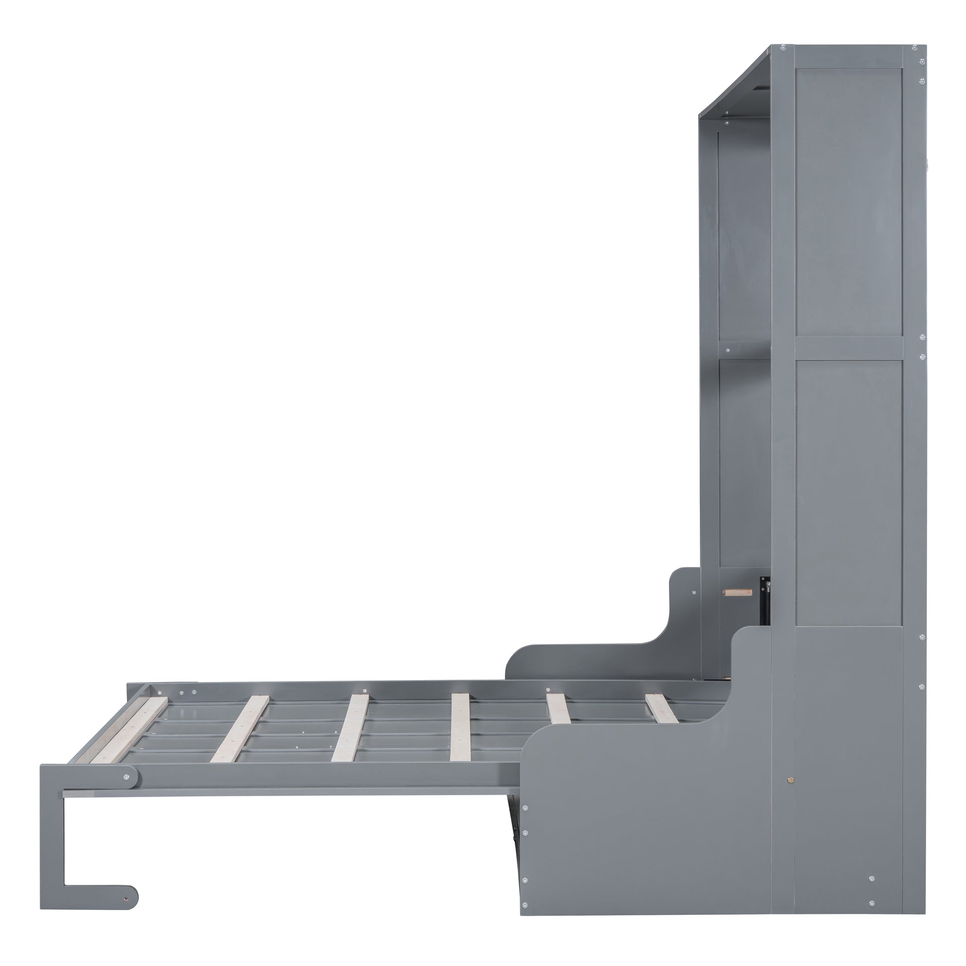 Gray wooden Murphy bed frame with pullout support legs extended