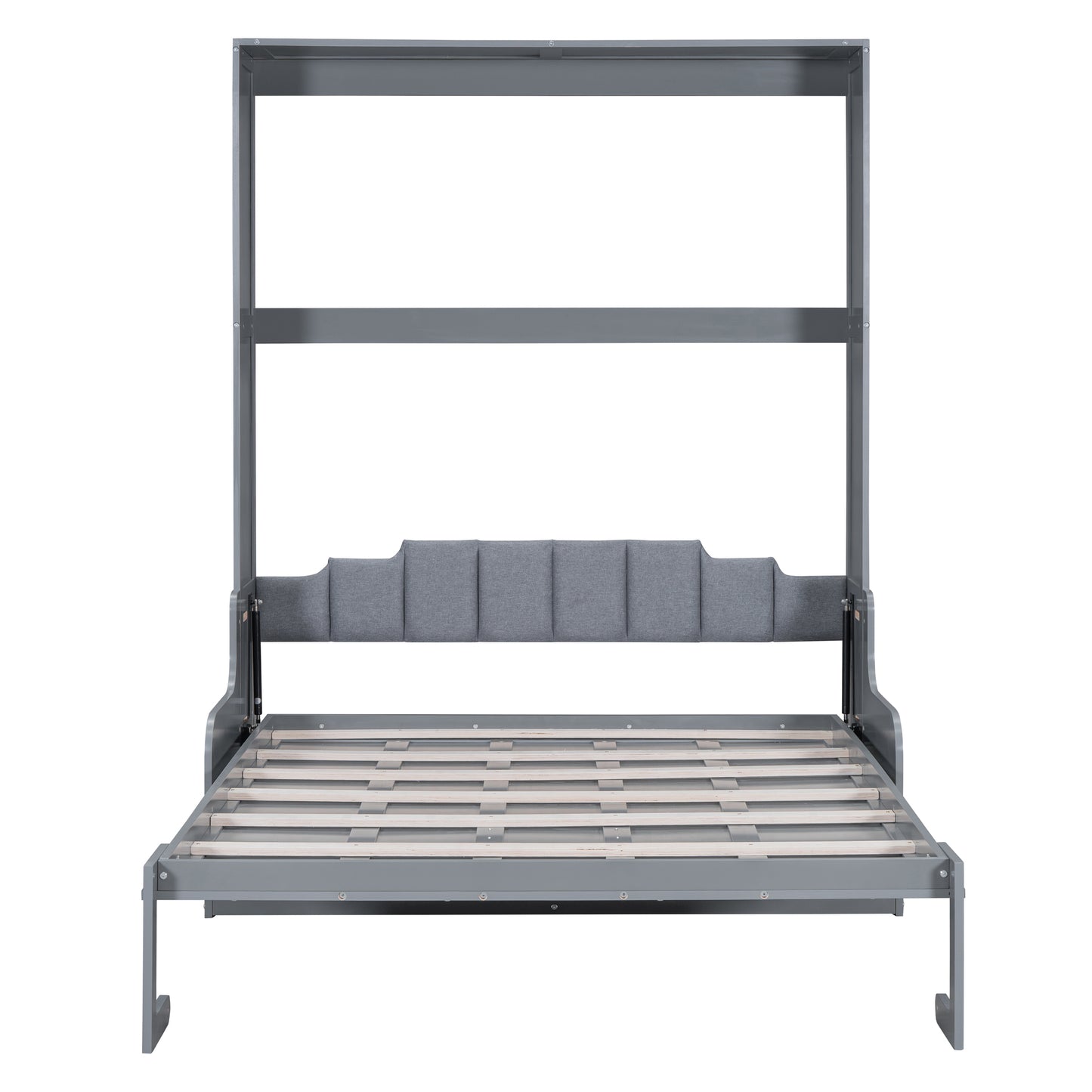 Gray murphy bed frame with open mattress slats and upholstered headboard