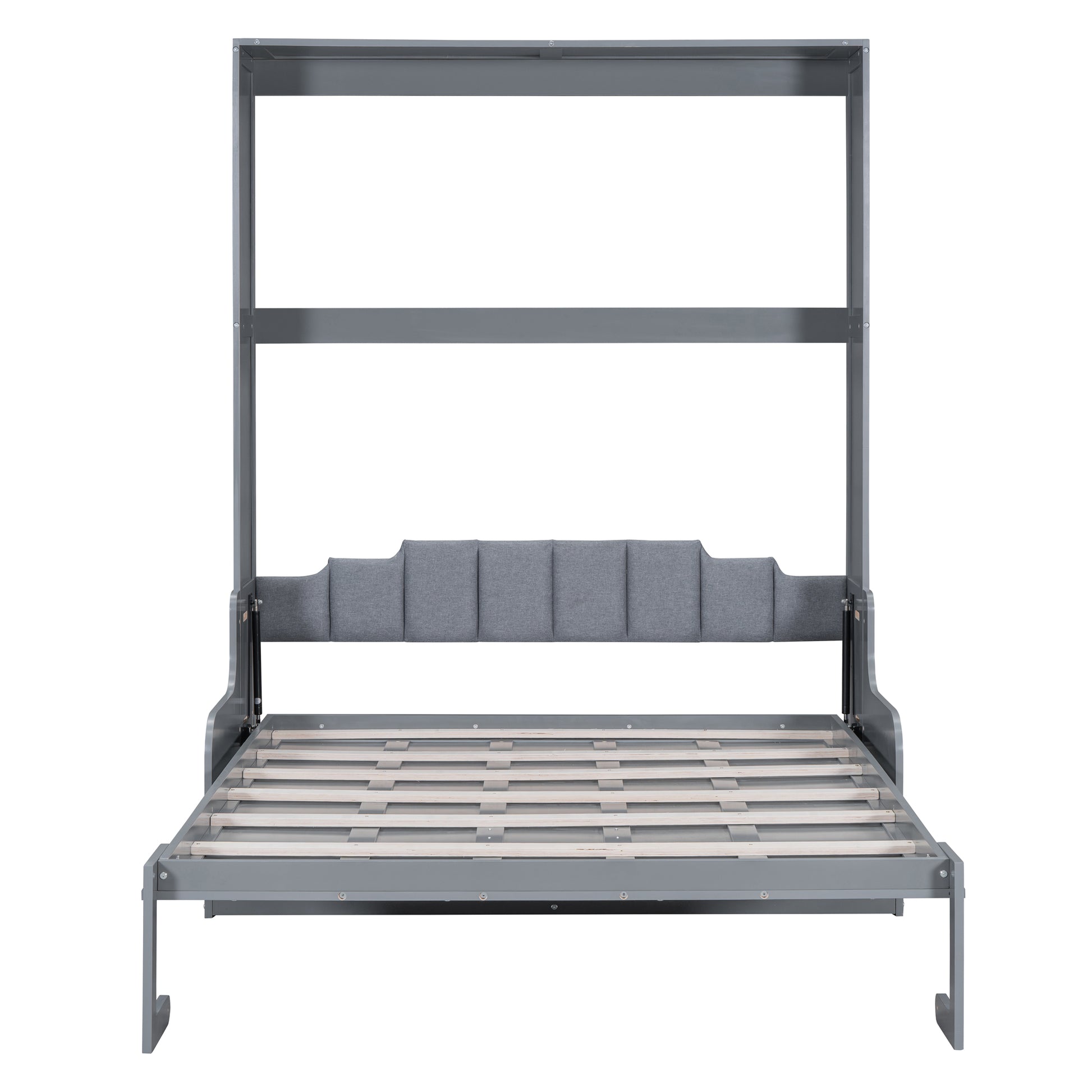 Gray murphy bed frame with open mattress slats and upholstered headboard