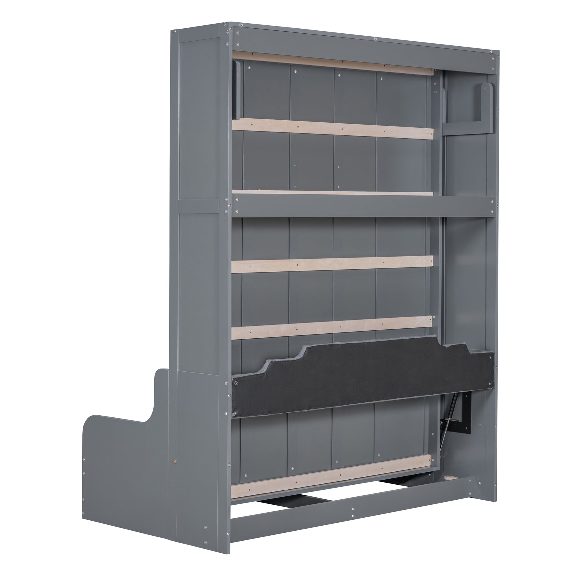 Gray convertible sofa bed frame with wooden slats