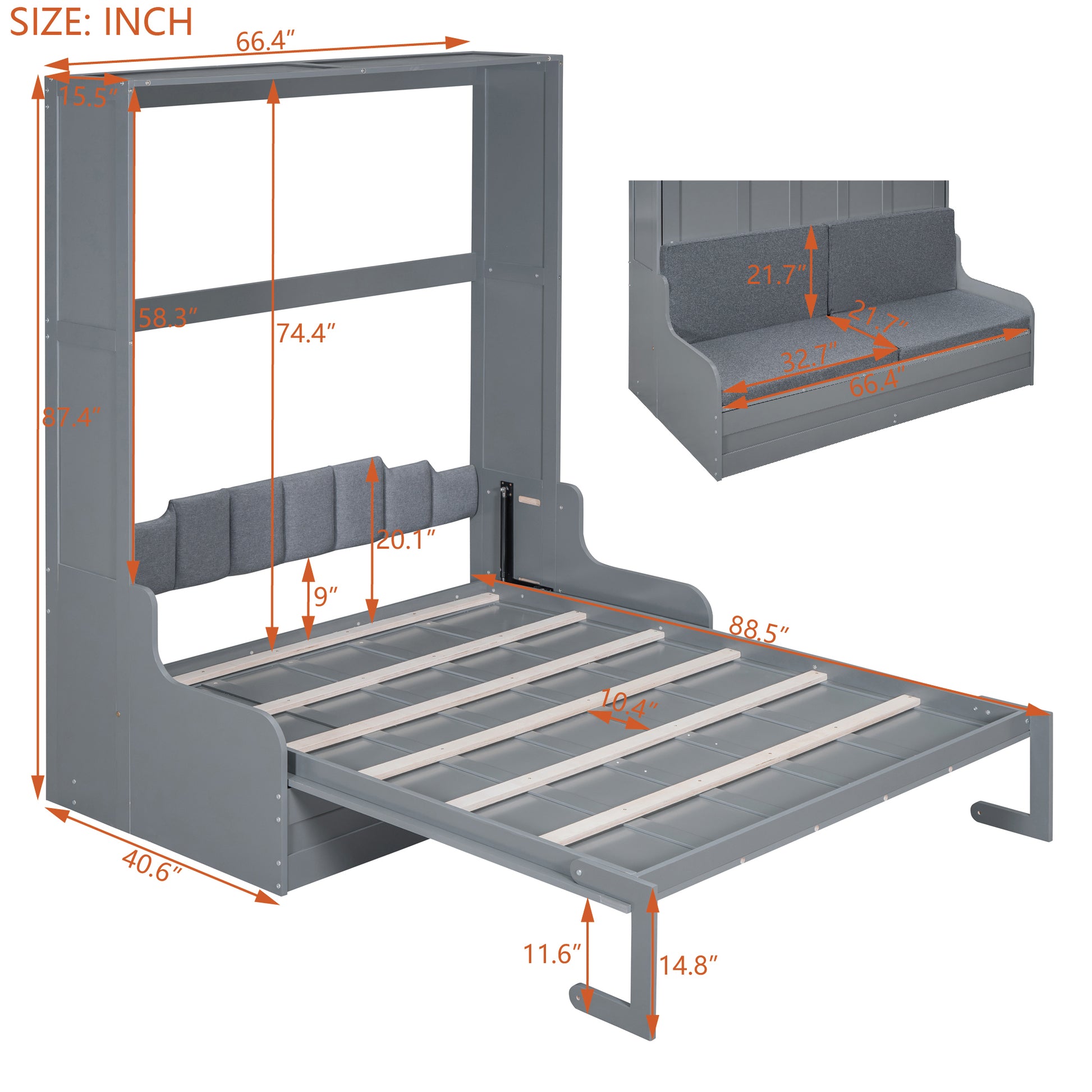 Gray Murphy bed with pullout sofa and full dimensions displayed