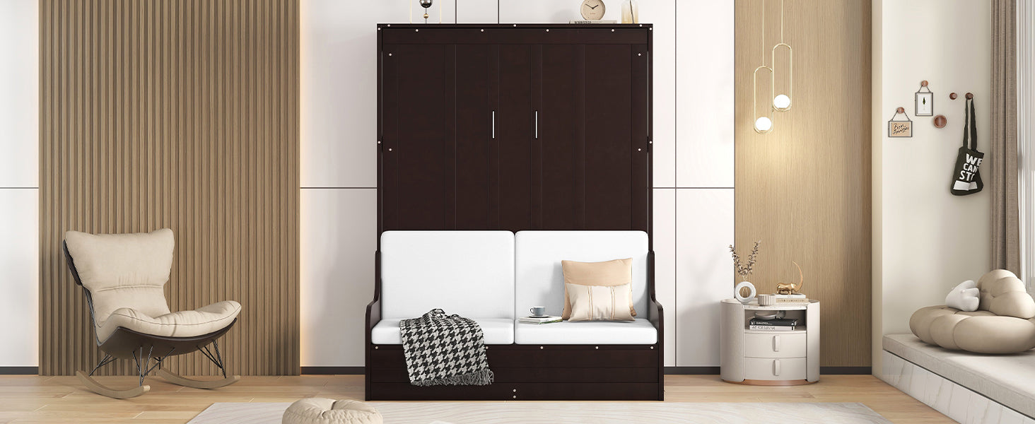 Dark brown Murphy bed with white sofa and houndstooth throw