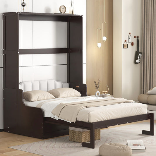 Dark brown murphy bed with queen mattress white tufted headboard and beige linens