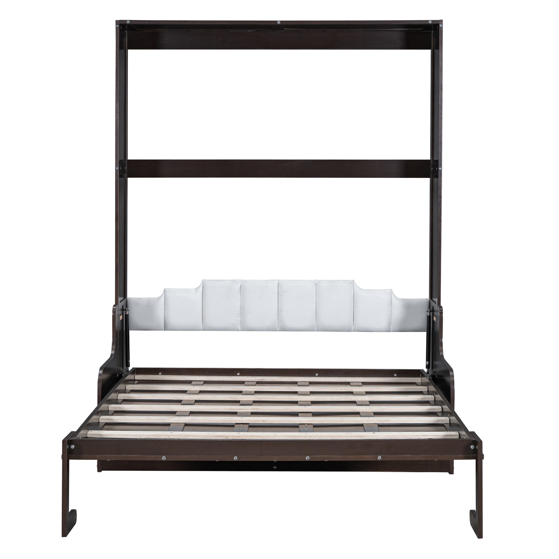 Dark espresso murphy bed frame with white tufted headboard and slat support