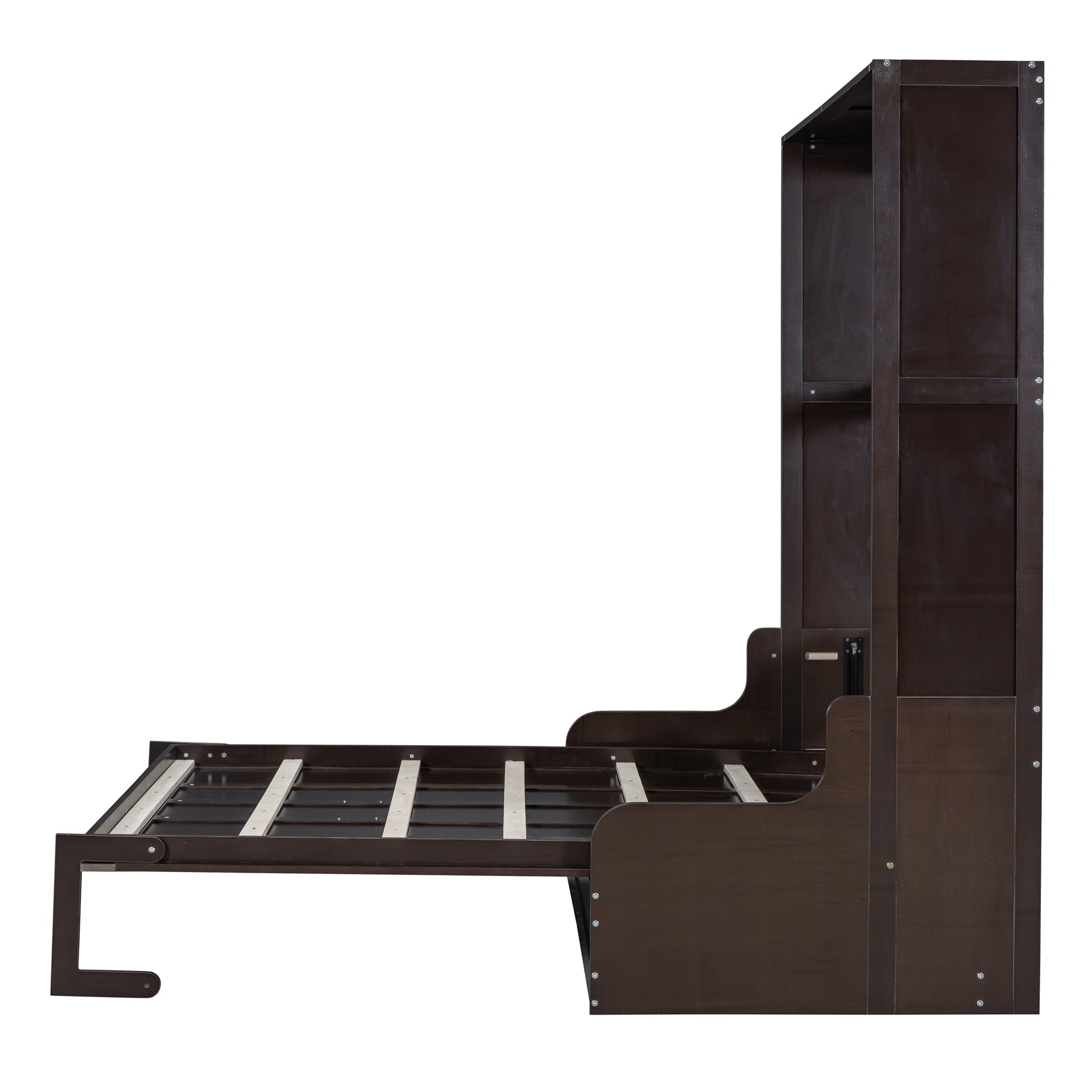 Dark brown murphy bed frame with extended mattress support