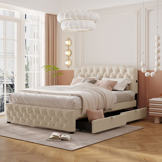 Tufted beige upholstered bed with storage drawers