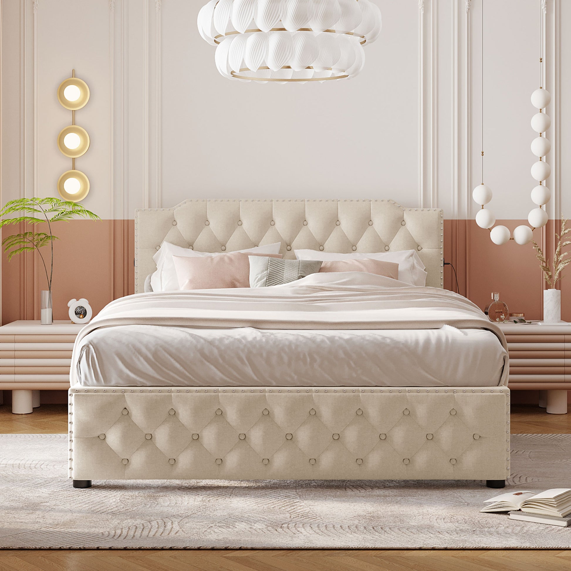 Tufted beige upholstered bed frame with diamond button tufting and nailhead trim