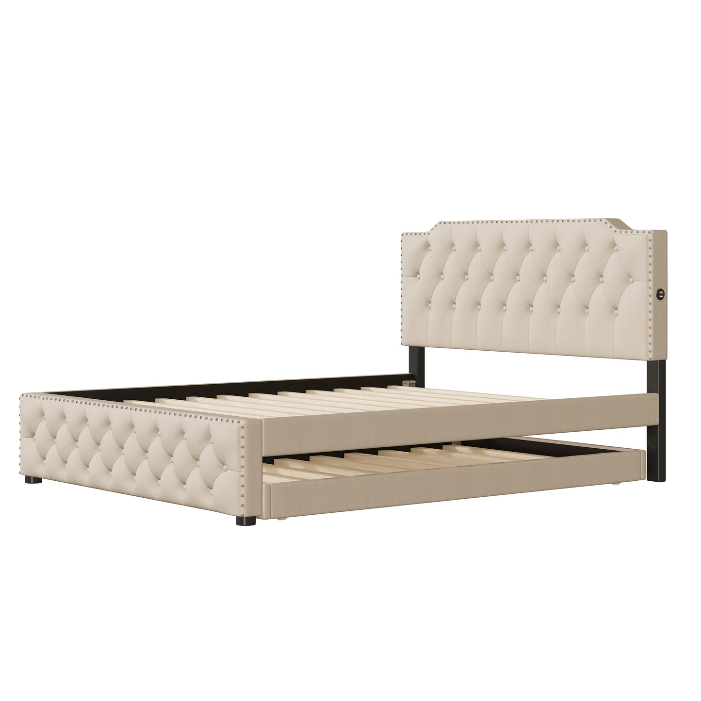 Tufted beige fabric bed frame with crystal button detailing and integrated USB ports