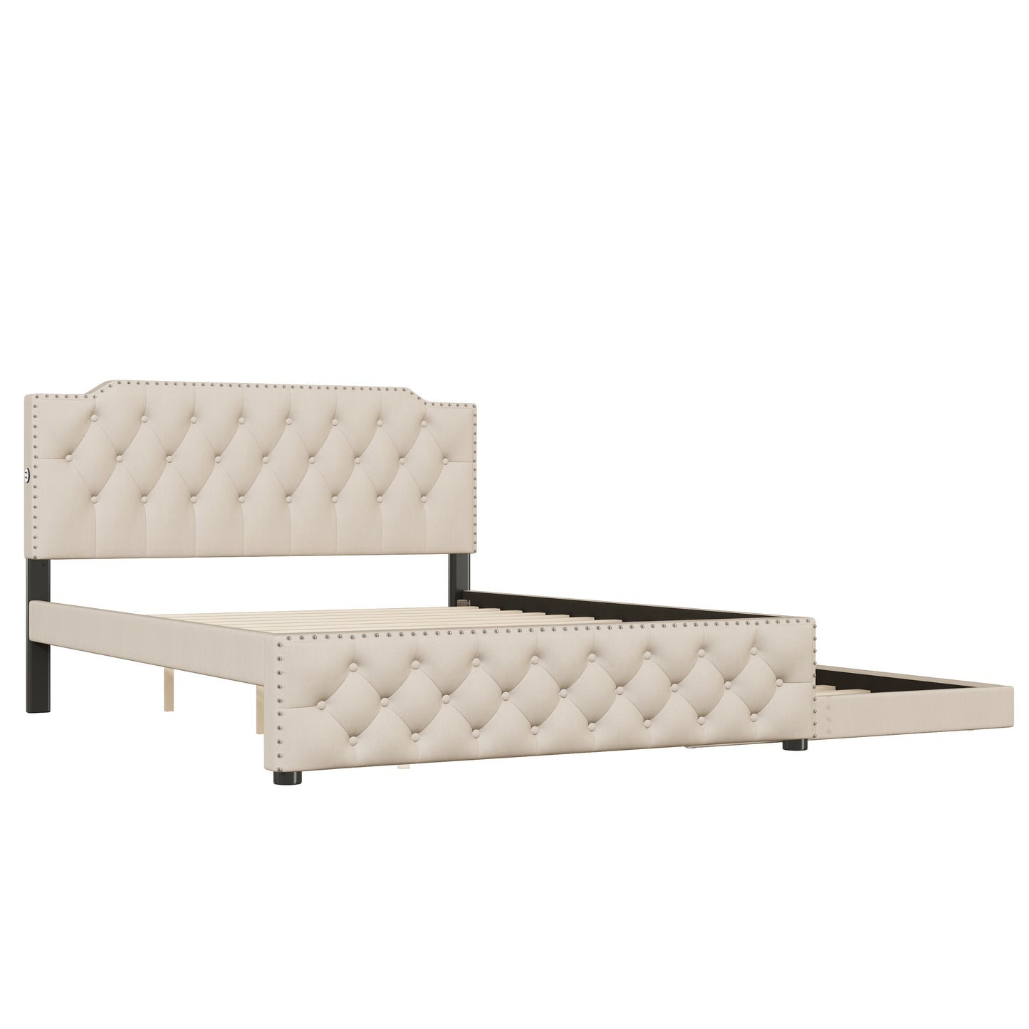 Tufted beige upholstered bed frame with nailhead trim and black legs