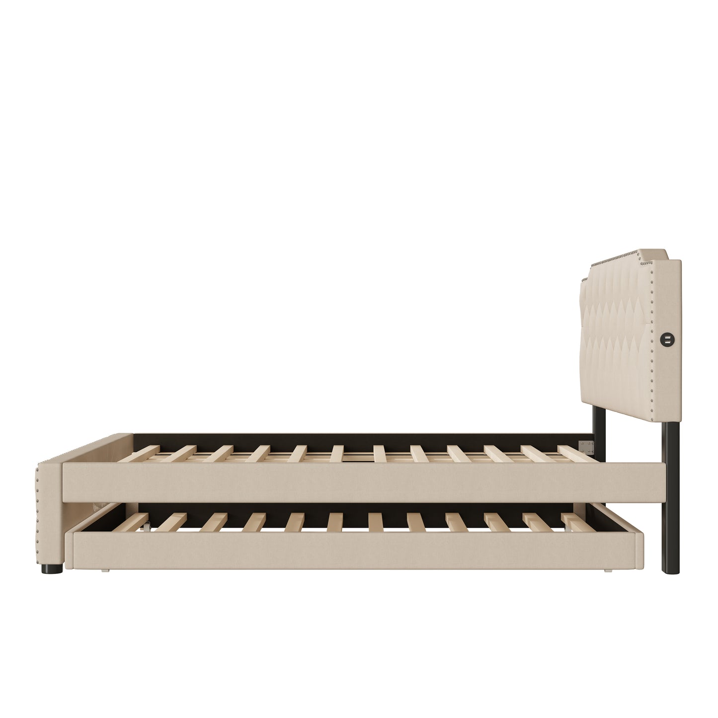 Beige upholstered trundle bed frame with diamond tufting and nailhead trim