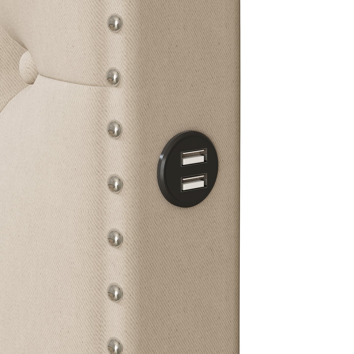Beige upholstered headboard detail with decorative silver nailheads and dual USB charging ports