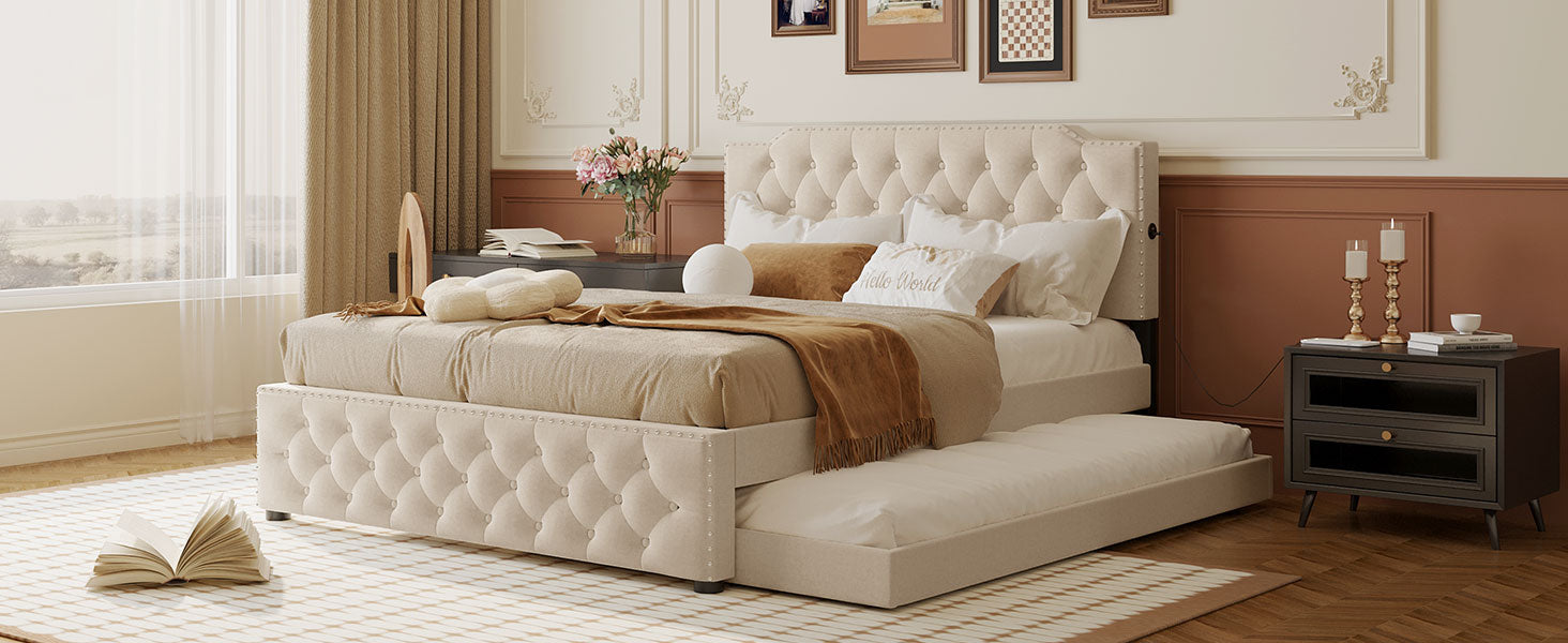 Upholstered trundle bed with tufted beige fabric headboard and frame