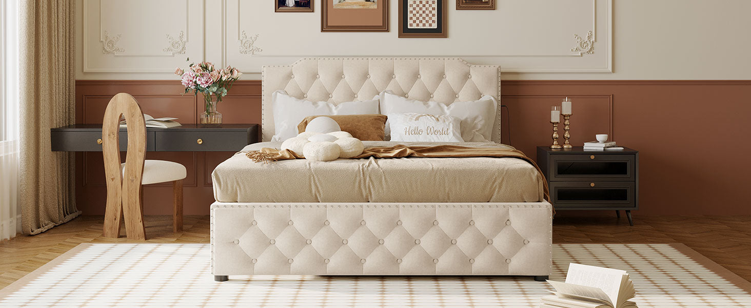Tufted beige upholstered queen bed frame with nailhead trim