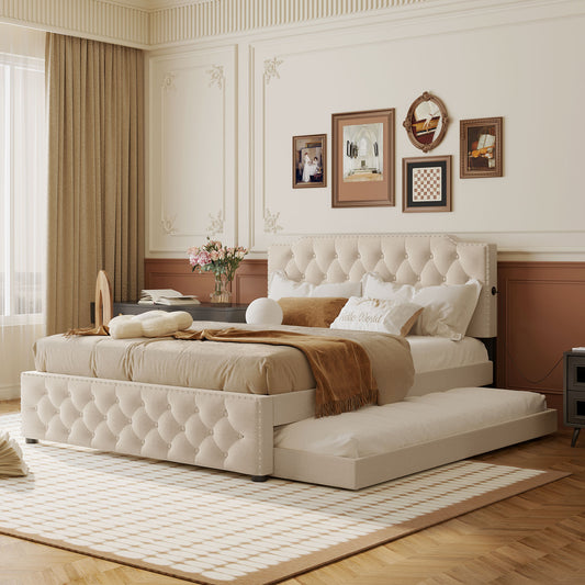 Tufted beige upholstered king bed with pullout trundle