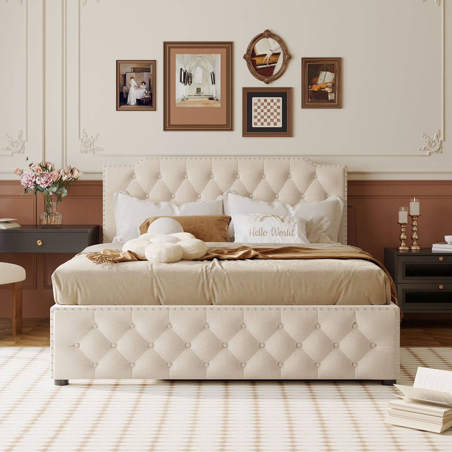Cream tufted upholstered bed frame with nailhead trim and plush bedding