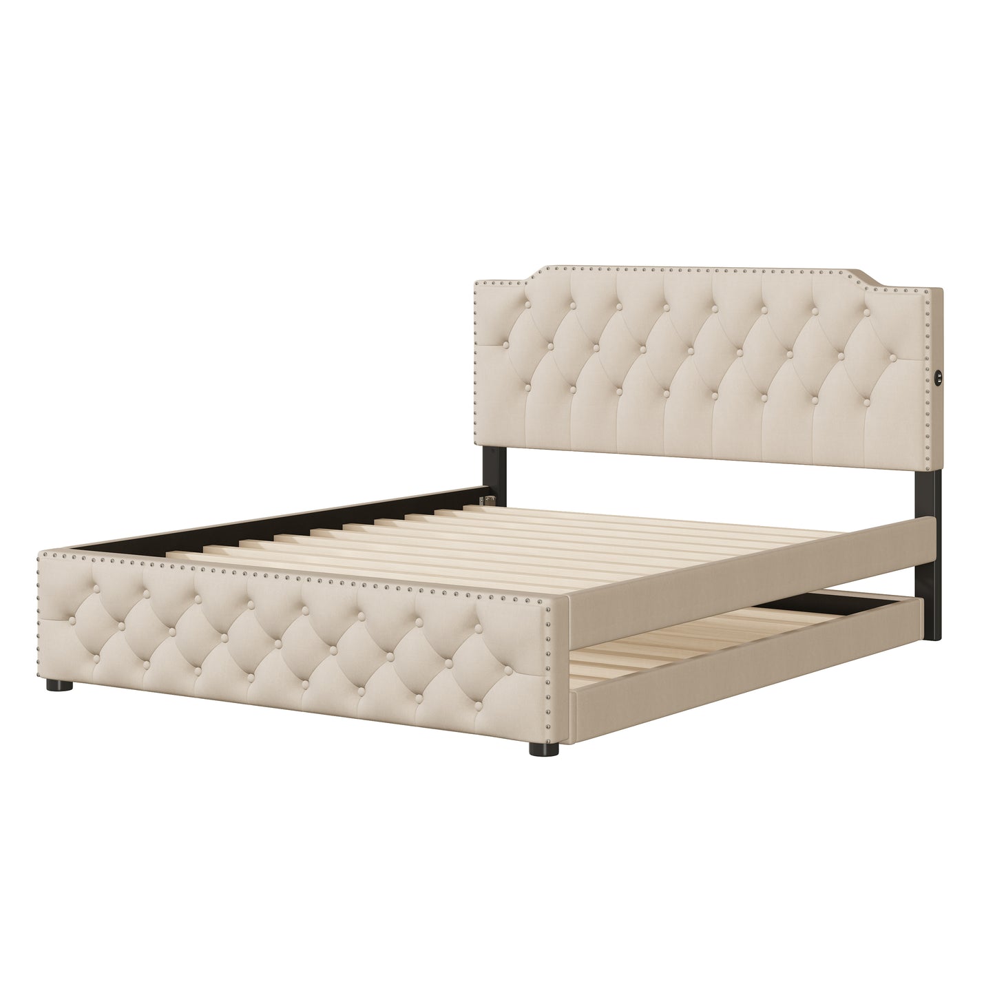 Beige upholstered bed frame with diamond tufting and silver nailhead trim
