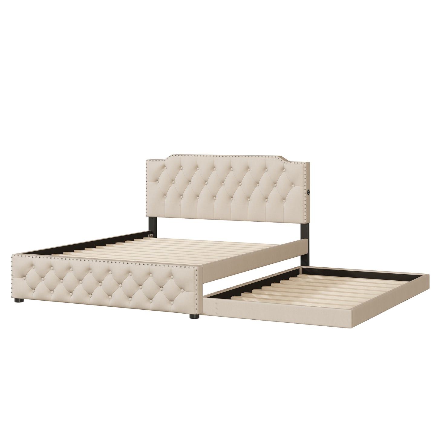 Cream upholstered platform bed frame with tufted headboard and trundle
