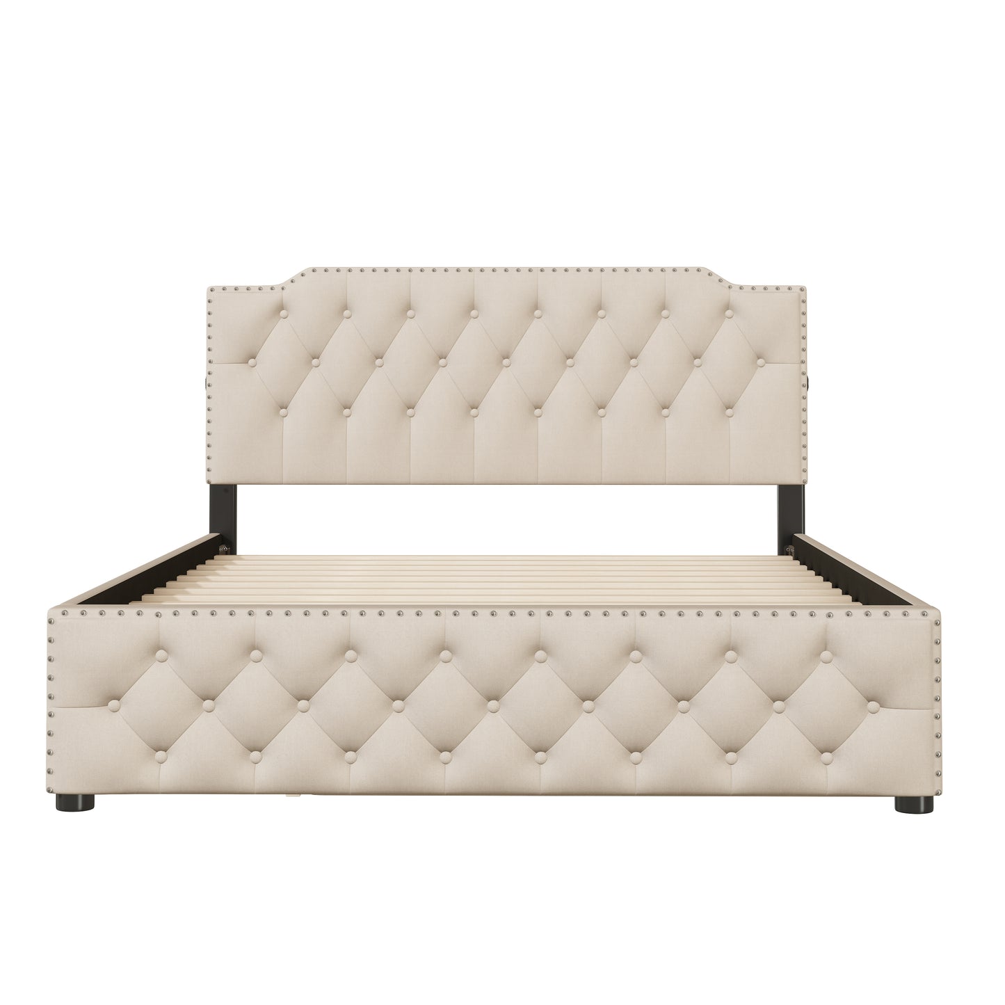Upholstered tufted bed frame in beige fabric with nailhead trim detail
