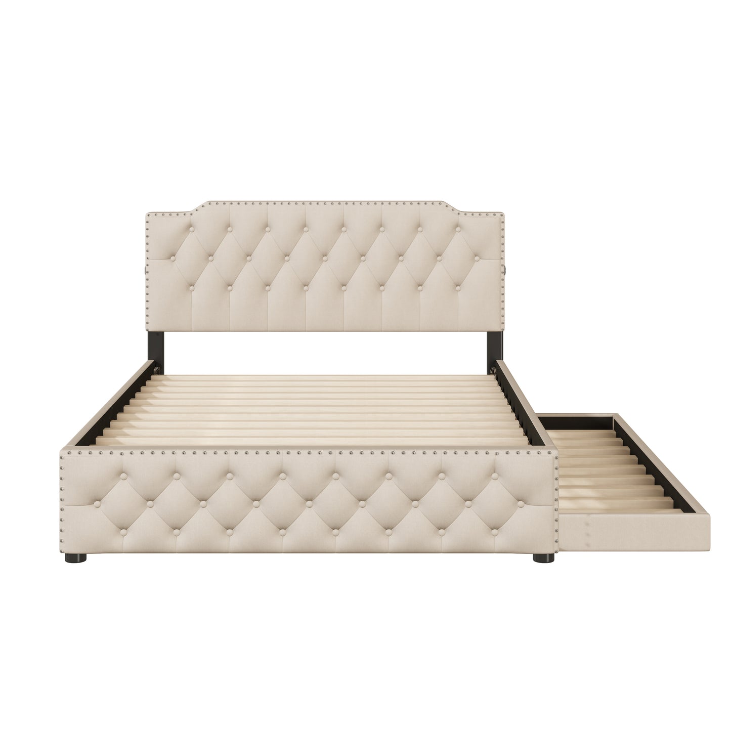 Tufted beige fabric bed frame with nailhead trim and a builtin storage drawer