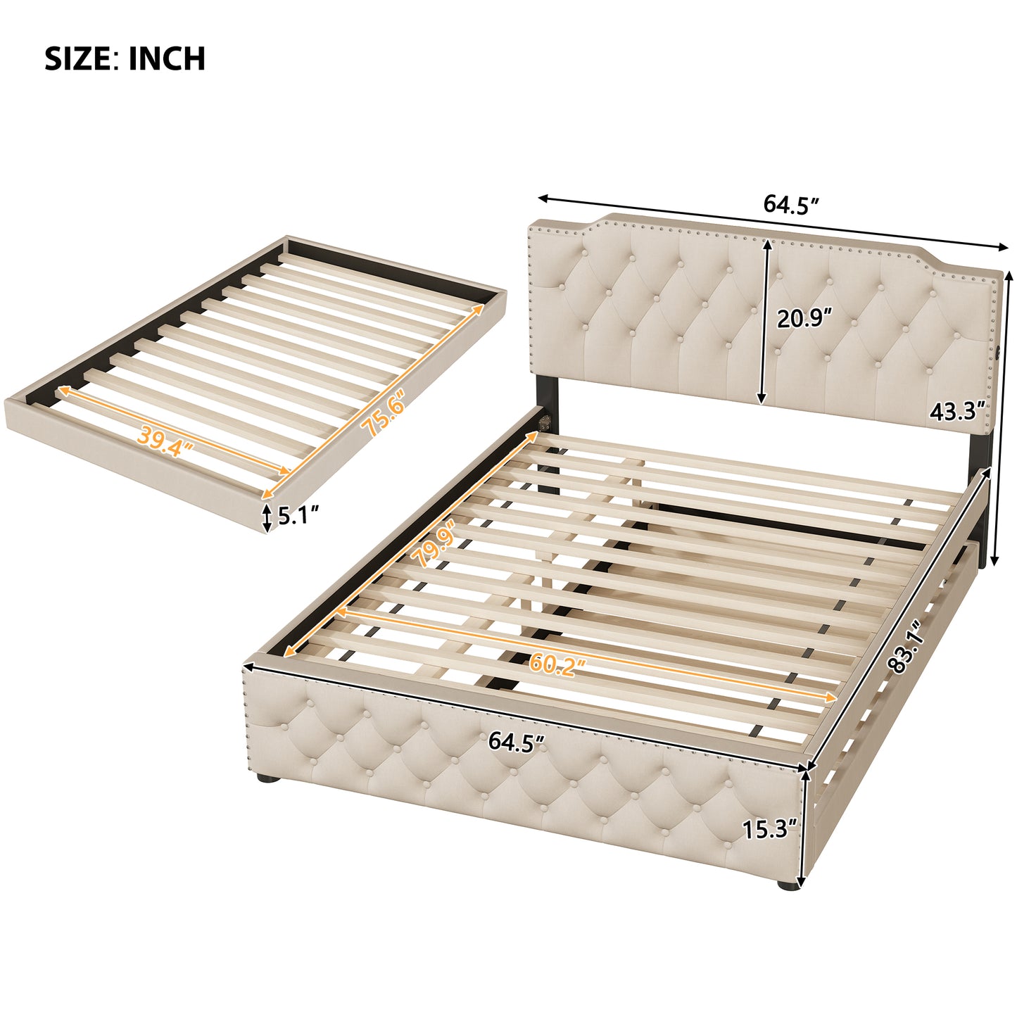 Tufted beige upholstered queen bed frame with dimensional callouts