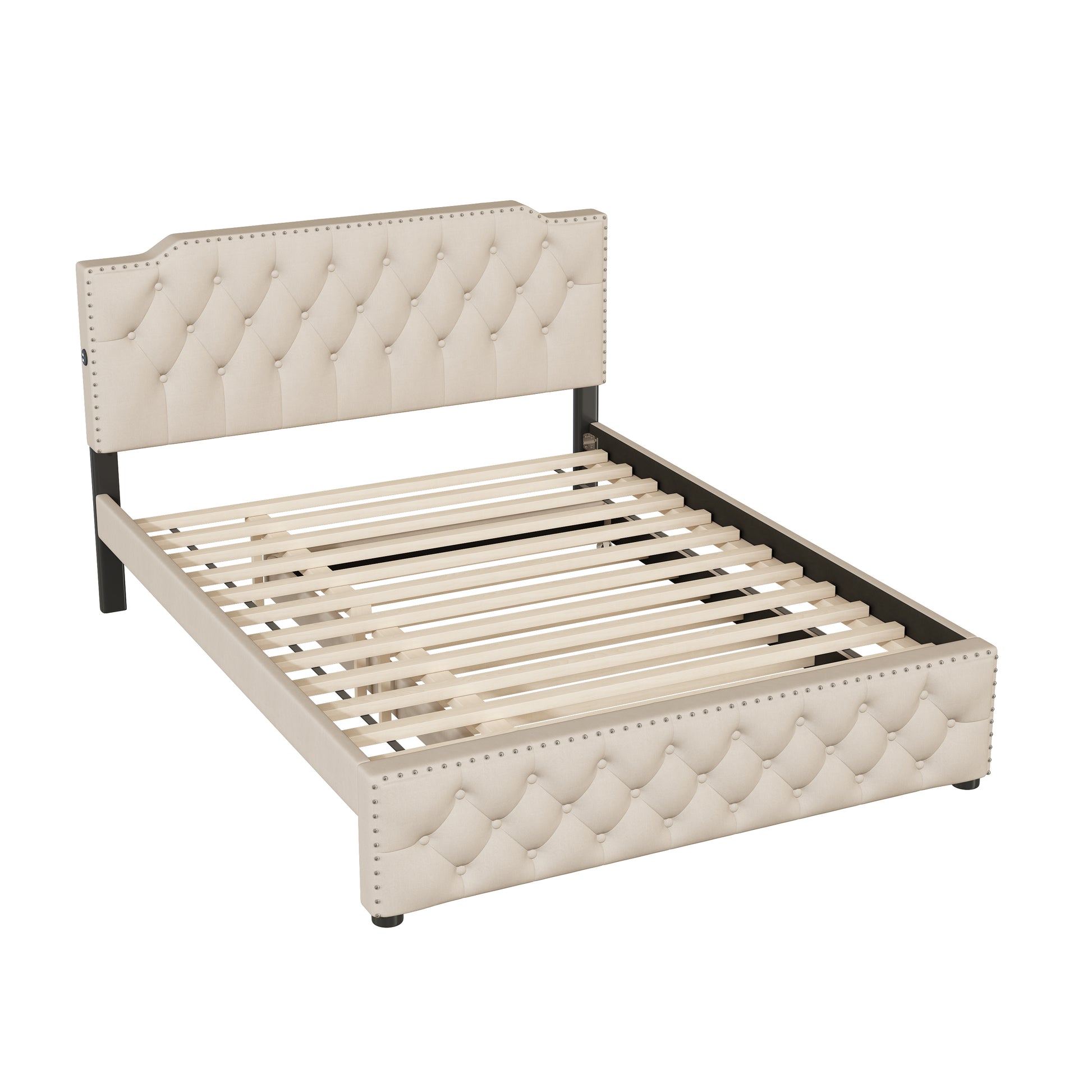 Tufted beige upholstered bed frame with wooden slats and silver nailhead trim